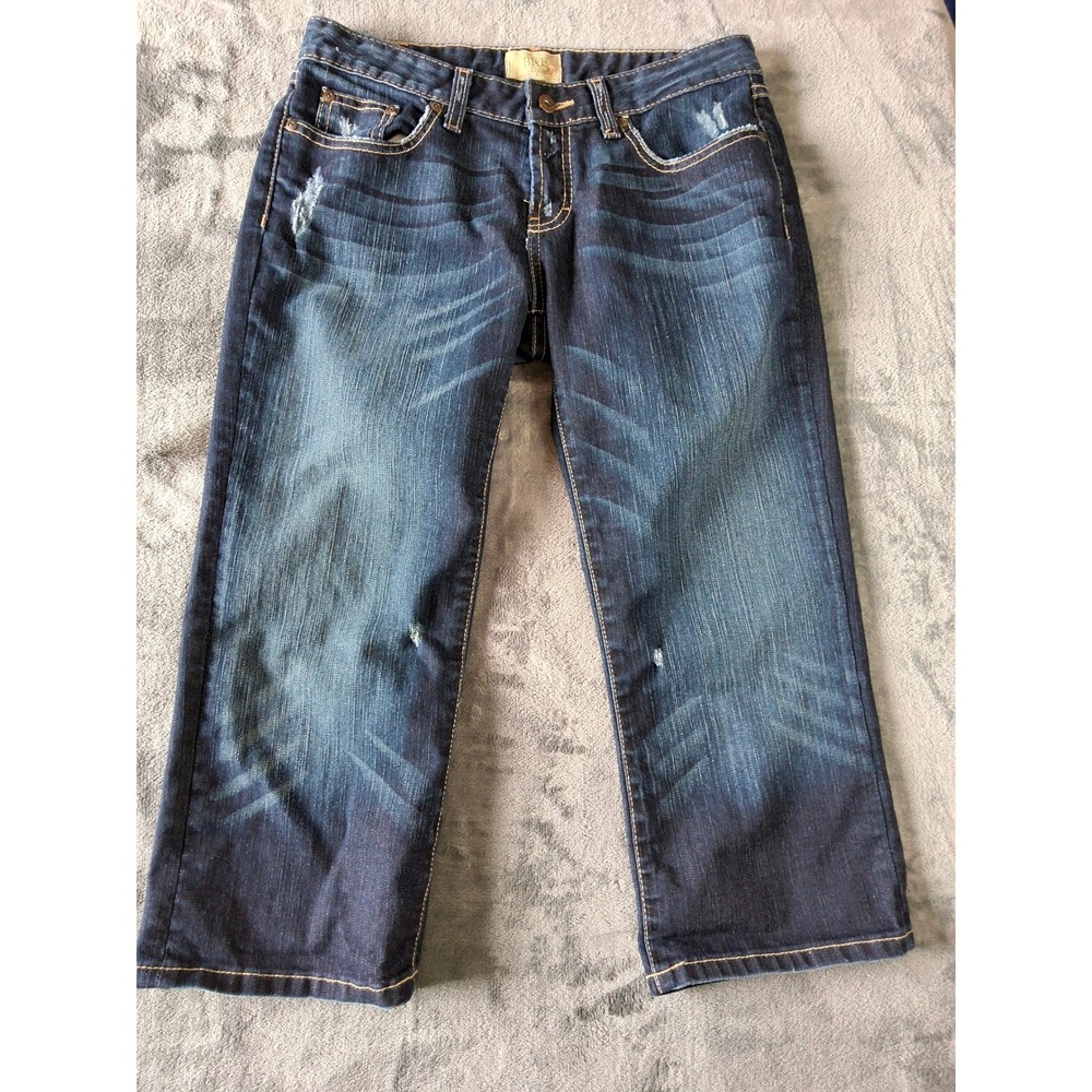 BKE Denim Womens Distressed Capri Jeans Dark Wash Stretch Sz 28 Cropped Mid Rise